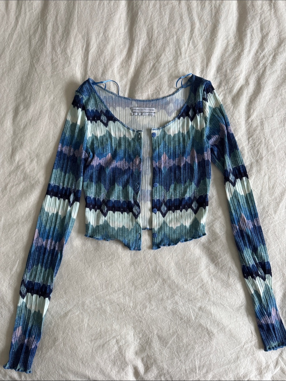Urban Outfitters Blue, Navy & Green Striped Ribbed Button Cardigan